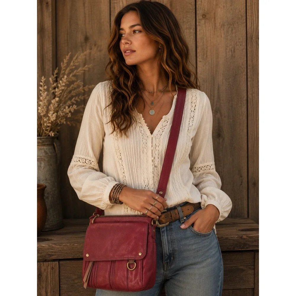 Fossil Red Leather Crossbody‎ Purse Old Money
